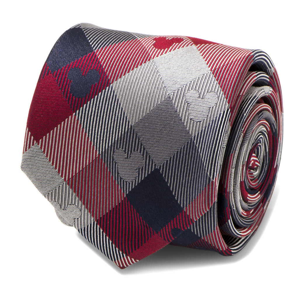 Close up of a red and blue plaid tie with woven Mickey Mouse silhouette details