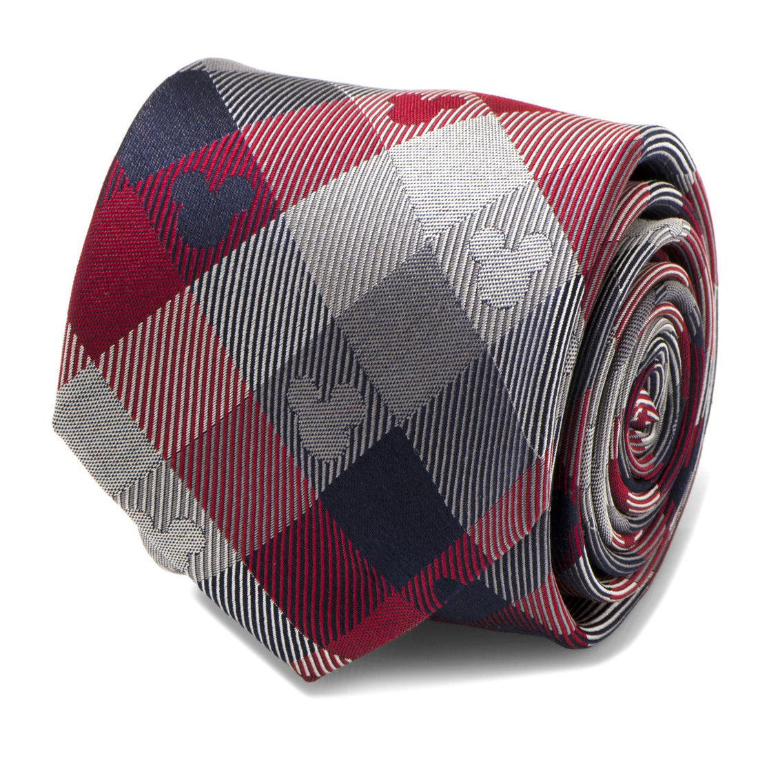 Close up of a red and blue plaid tie with woven Mickey Mouse silhouette details