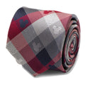 Close up of a red and blue plaid tie with woven Mickey Mouse silhouette details