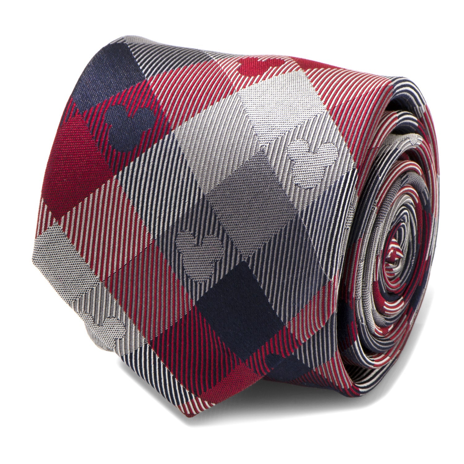 Close up of a red and blue plaid tie with woven Mickey Mouse silhouette details