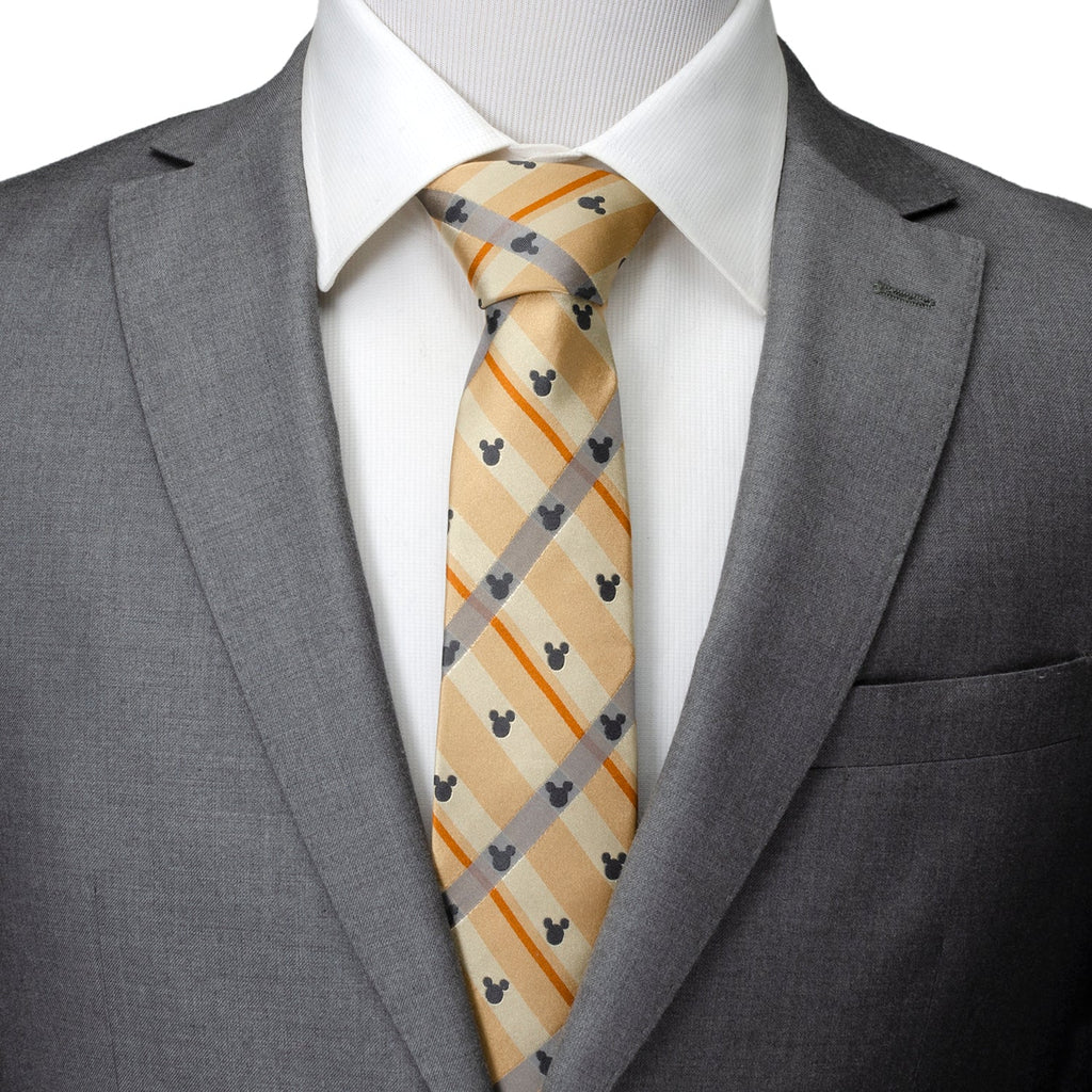 Mickey Mouse Silhouette Tan Plaid Silk Necktie