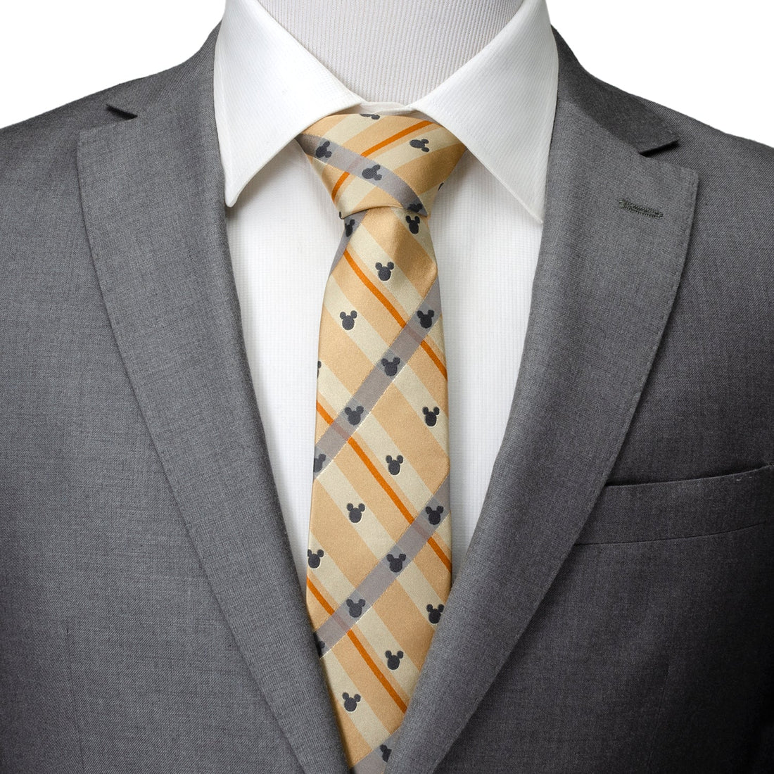 Mickey Mouse Silhouette Tan Plaid Silk Necktie