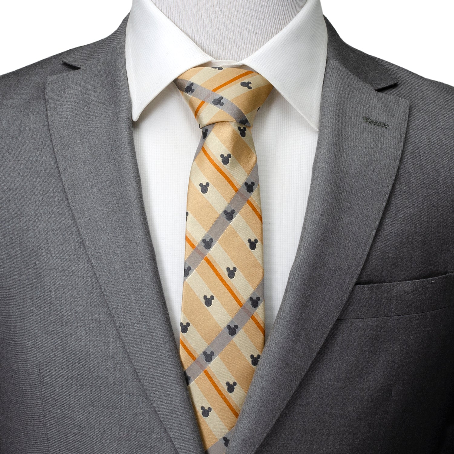Mickey Mouse Silhouette Tan Plaid Silk Necktie