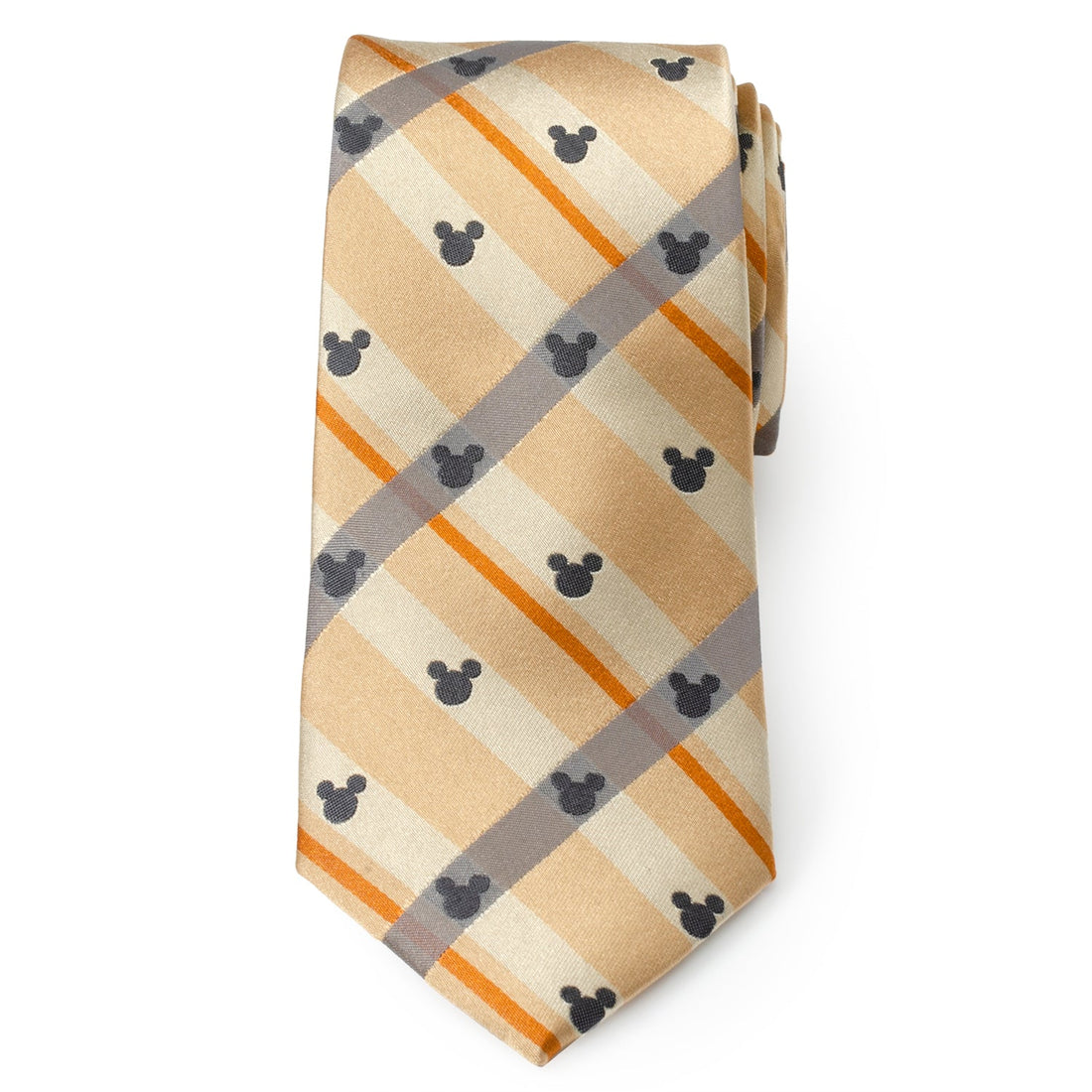 Mickey Mouse Silhouette Tan Plaid Silk Necktie
