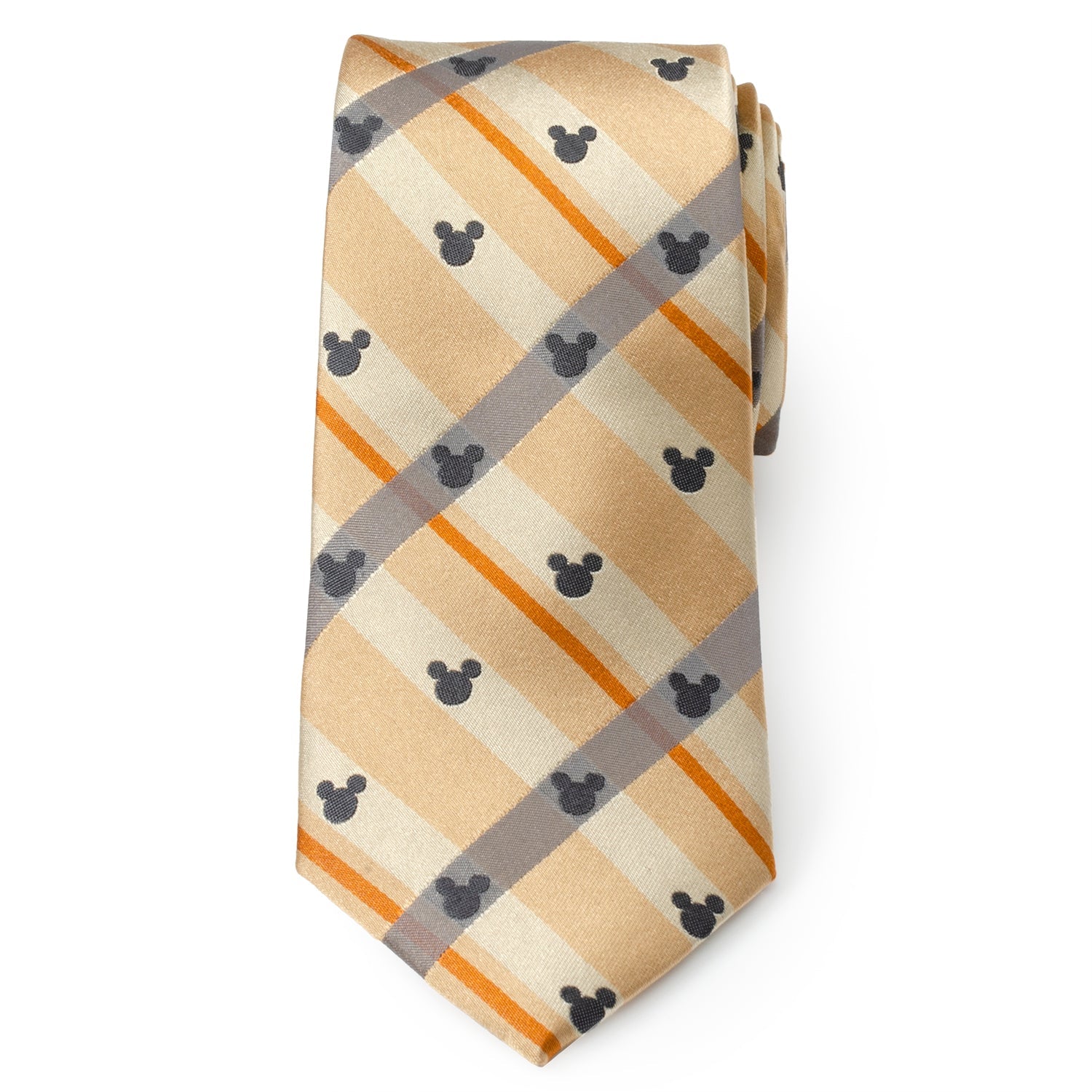 Mickey Mouse Silhouette Tan Plaid Silk Necktie