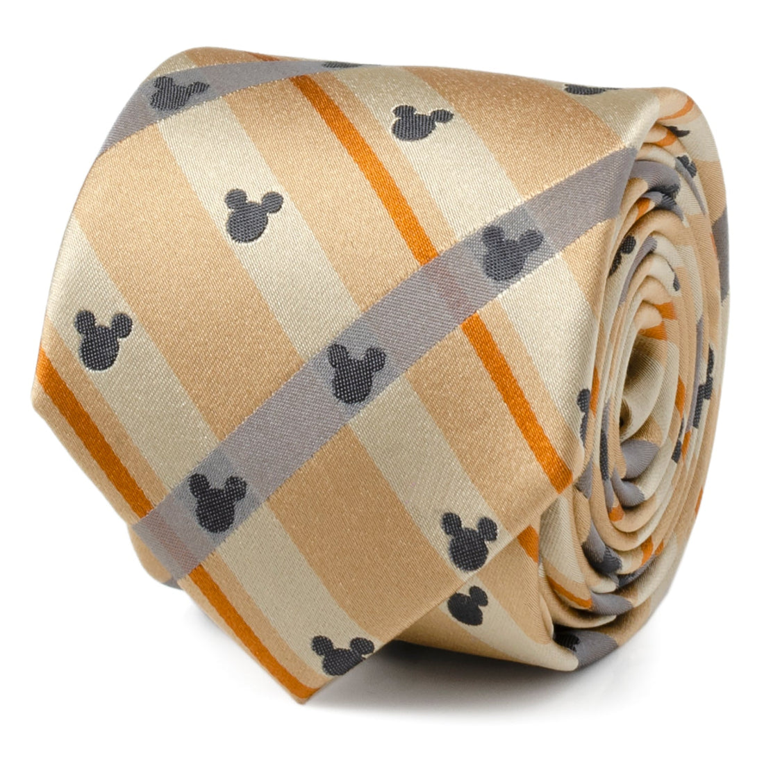 Mickey Mouse Silhouette Tan Plaid Silk Necktie