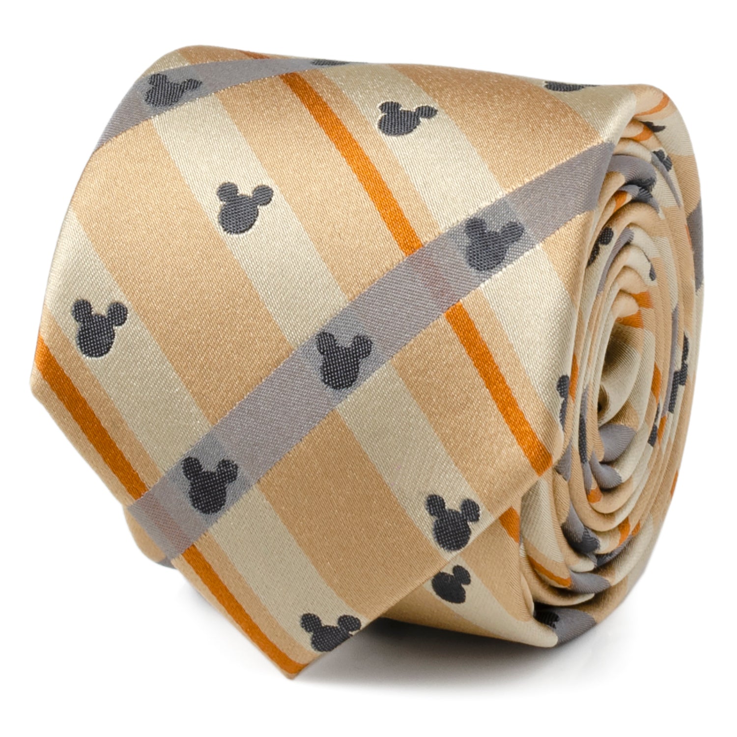 Mickey Mouse Silhouette Tan Plaid Silk Necktie