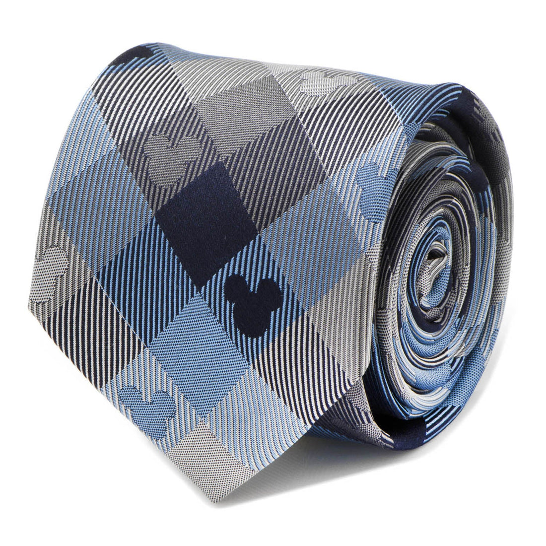 Close up of a blue plaid necktie with subtle Mickey Mouse head silhouettes pattern.