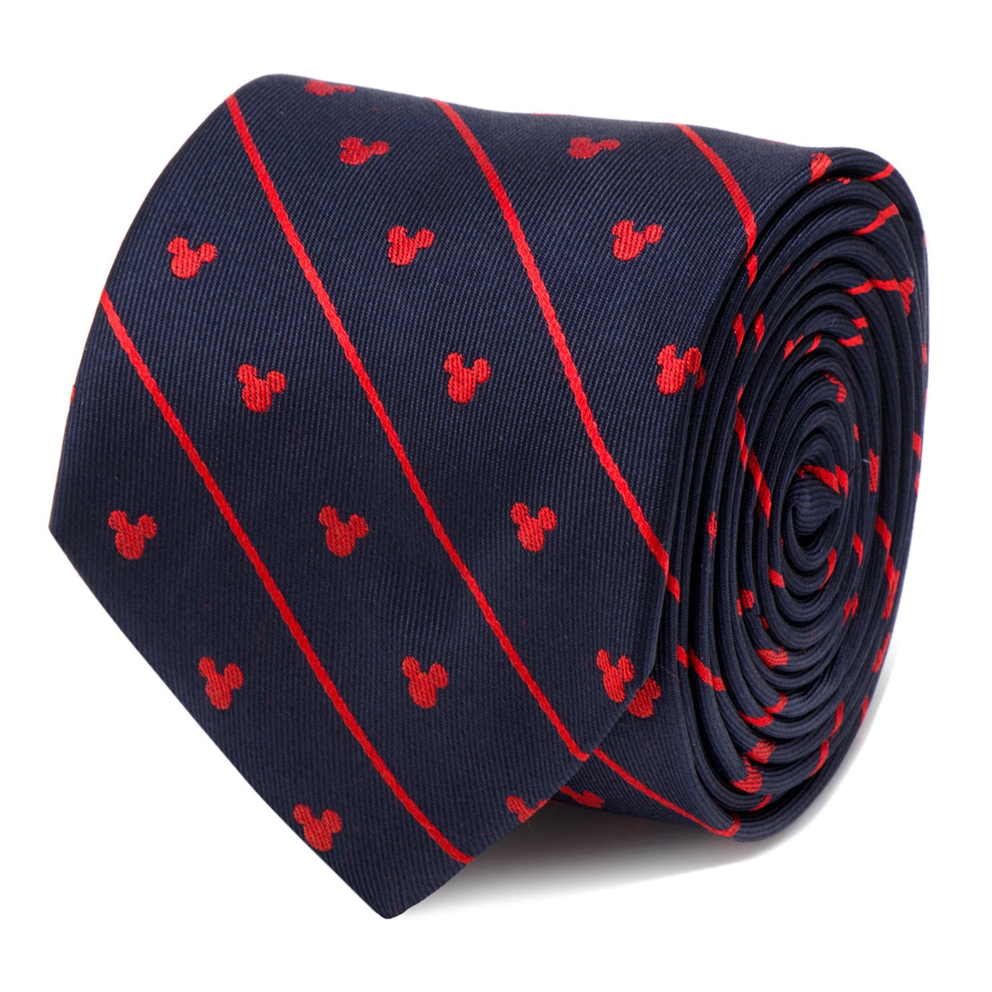 Disney Mickey Mouse necktie featuring red stripes and Mickey icon patterns on a navy blue background.