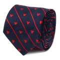 Disney Mickey Mouse necktie featuring red stripes and Mickey icon patterns on a navy blue background.