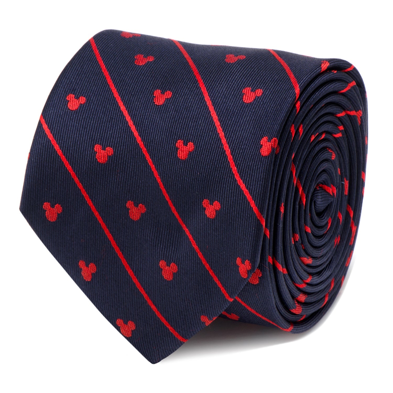Disney Mickey Mouse necktie featuring red stripes and Mickey icon patterns on a navy blue background.