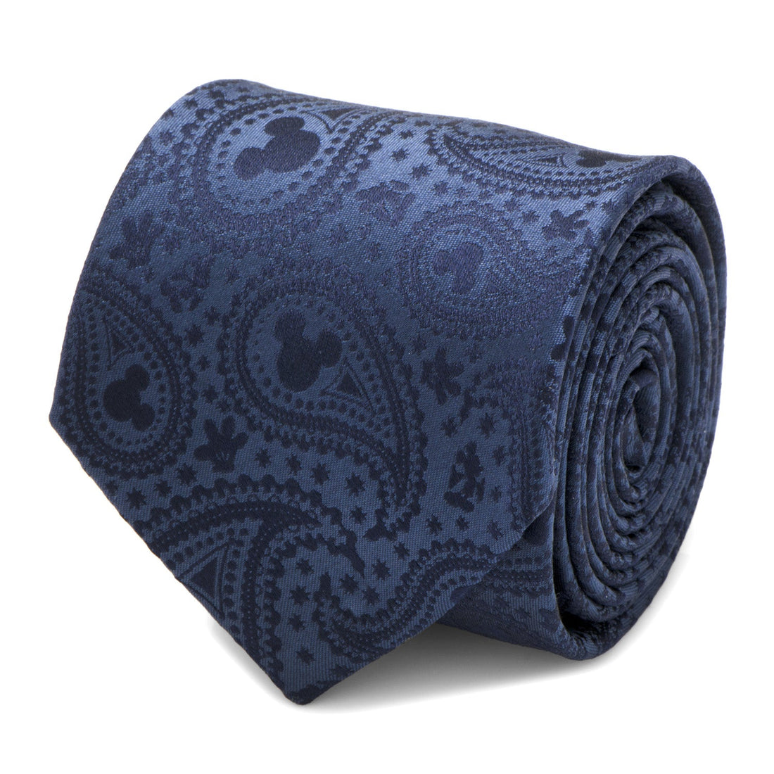 Close up of a navy blue silk necktie featuring a paisley pattern with hidden Mickey Mouse silhouettes.