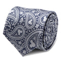 Close up of a gray Mickey Mouse paisley pattern silk slim tie on a white background.