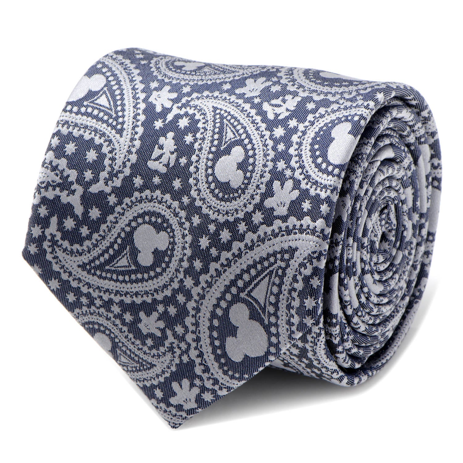 Close up of a gray Mickey Mouse paisley pattern silk slim tie on a white background.