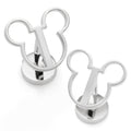 A pair of silver-toned stainless steel cufflinks shaped like the iconic Mickey Mouse head cutout.