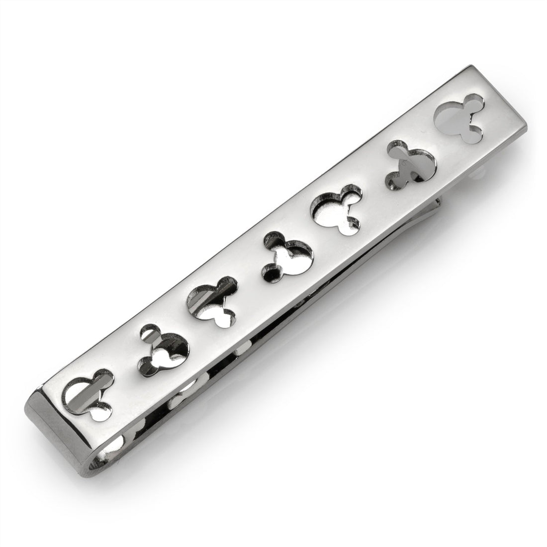 Silver tone tie bar featuring cutout Mickey Mouse silhouettes across the front, displayed on a grey necktie.