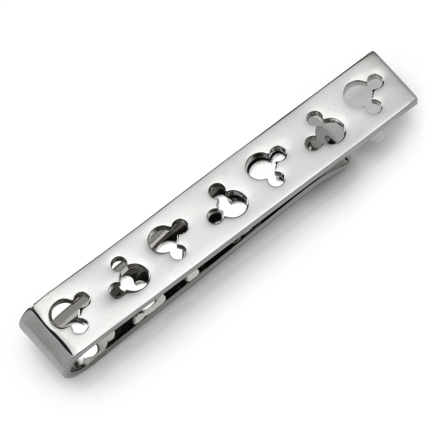 Silver tone tie bar featuring cutout Mickey Mouse silhouettes across the front, displayed on a grey necktie.