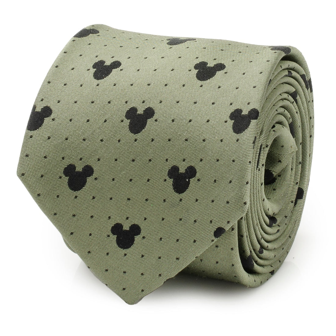 Close up of an earthy green silk necktie with a black Mickey Mouse silhouette and pin dot pattern.