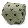 Close up of an earthy green silk necktie with a black Mickey Mouse silhouette and pin dot pattern.