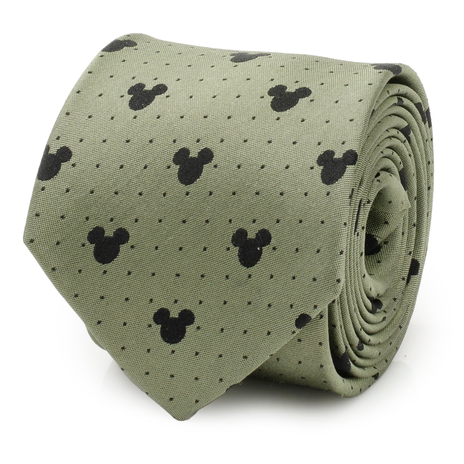 Close up of an earthy green silk necktie with a black Mickey Mouse silhouette and pin dot pattern.