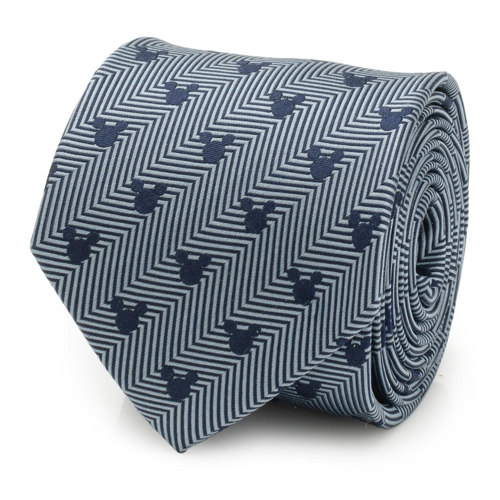 Navy and sky blue herringbone necktie with small Mickey Mouse head icons