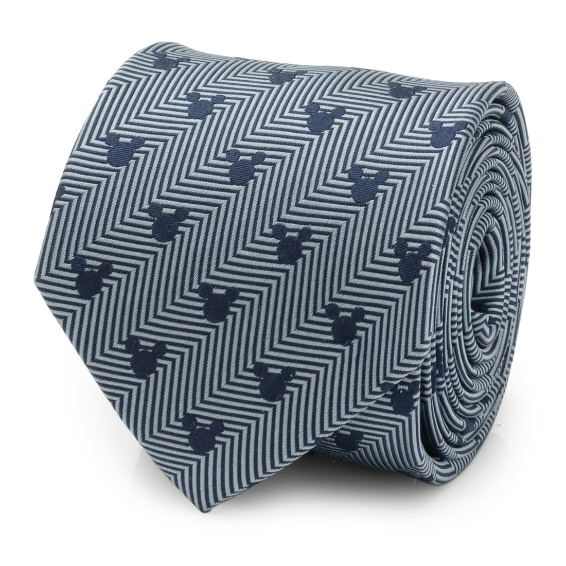 Navy and sky blue herringbone necktie with small Mickey Mouse head icons