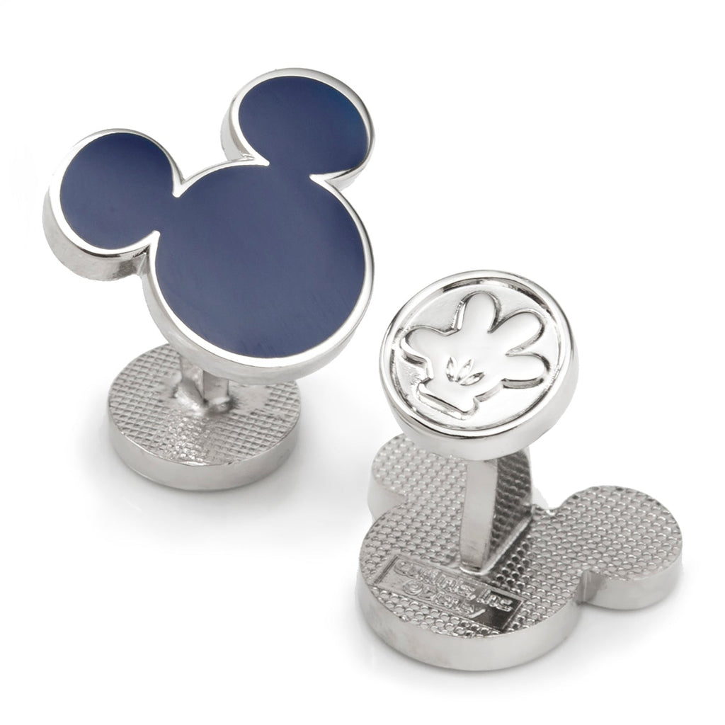 A pair of Disney Mickey Mouse shaped cufflinks in deep navy blue with silver-tone metal backing featuring a Mickey glove imprint.