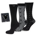 Mickey Mouse theme gift set featuring three pairs of black patterned crew socks and one black lapel pin in a display box.