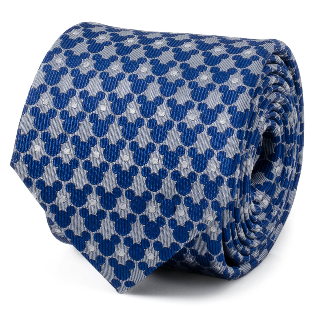 Blue silk necktie featuring a repeating pattern of dark blue Mickey Mouse silhouettes and small gray dots.