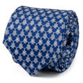 Blue silk necktie featuring a repeating pattern of dark blue Mickey Mouse silhouettes and small gray dots.