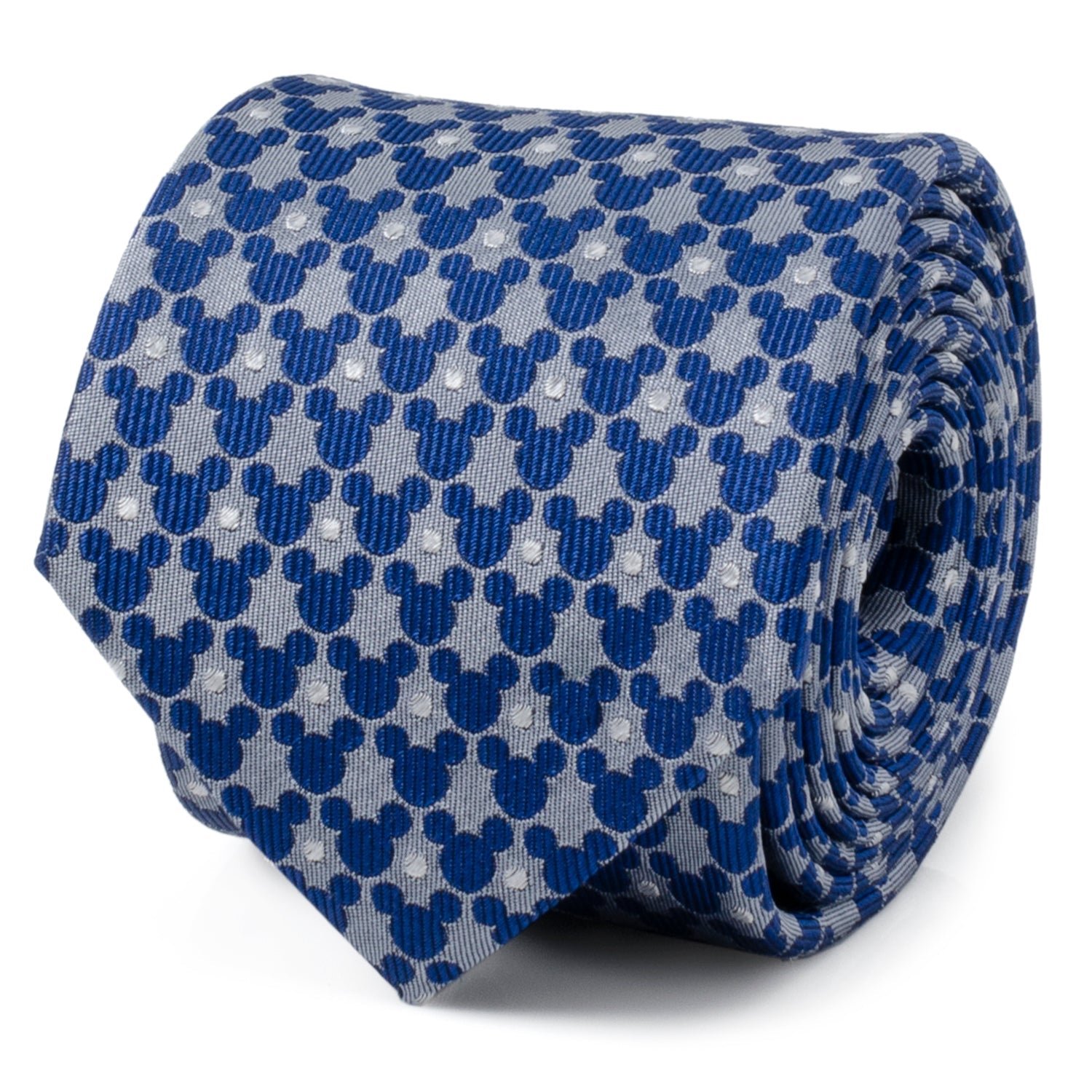 Blue silk necktie featuring a repeating pattern of dark blue Mickey Mouse silhouettes and small gray dots.