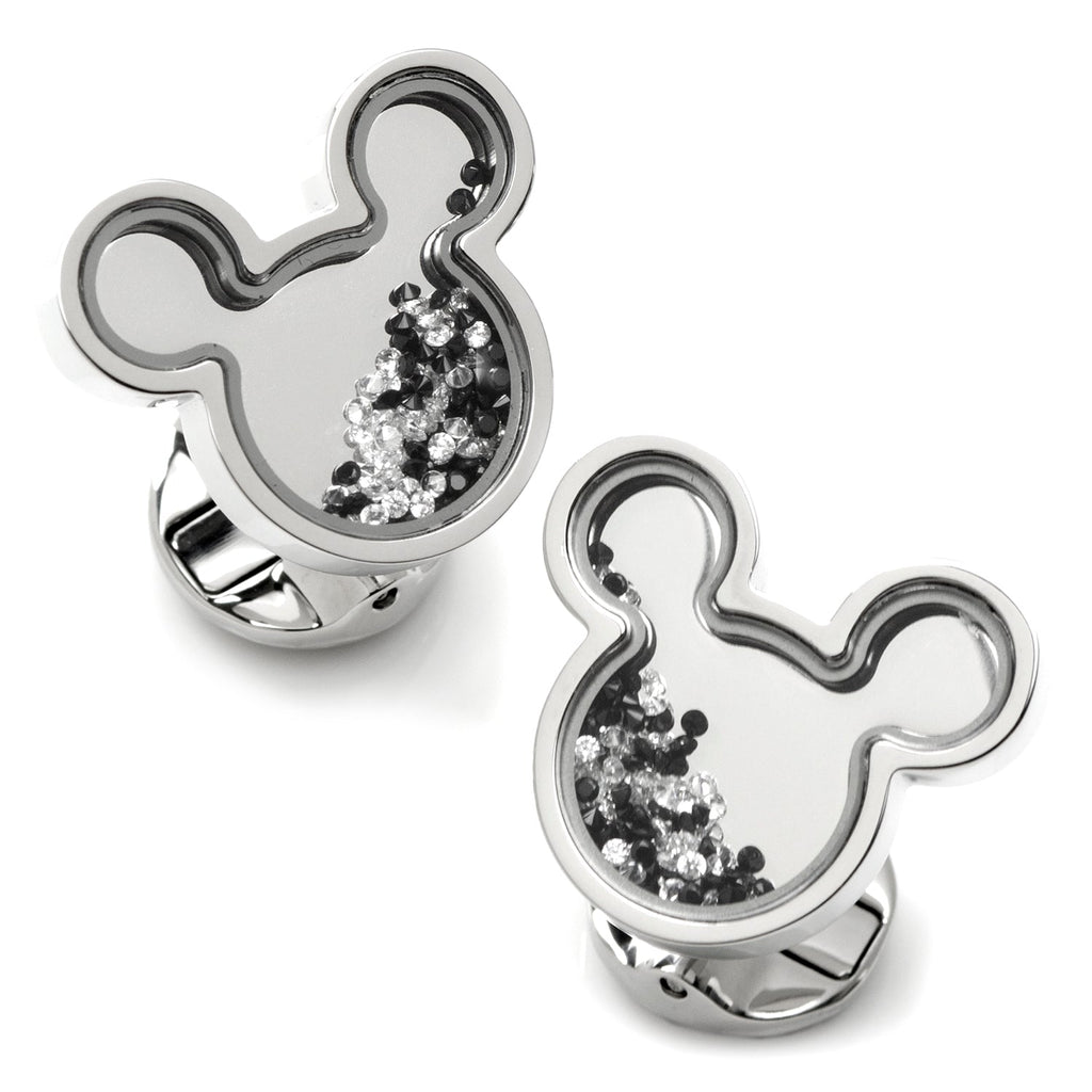 Pair of stainless steel Mickey Mouse silhouette cufflinks with floating black and white crystals inside, with a Mickey glove emblem on the back.