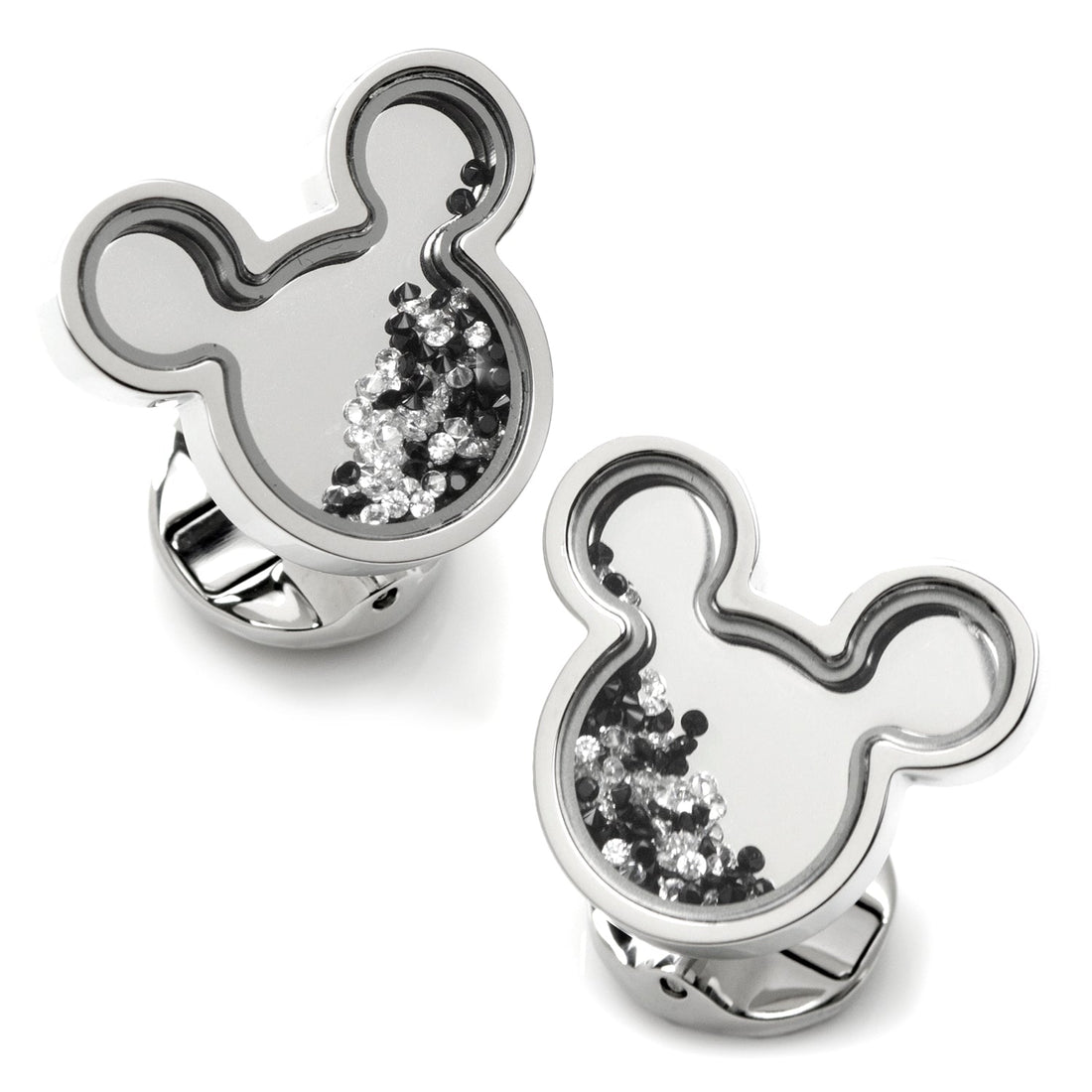 Pair of stainless steel Mickey Mouse silhouette cufflinks with floating black and white crystals inside, with a Mickey glove emblem on the back.