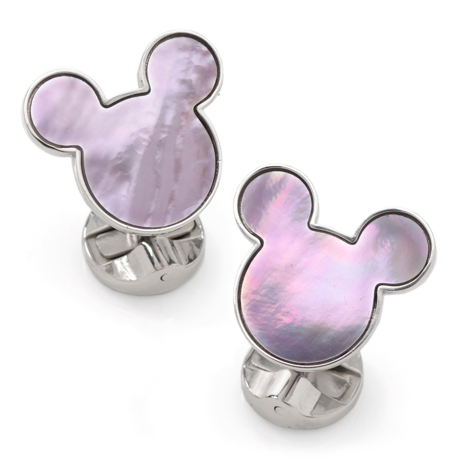 Mickey Mouse shaped cuff links with lavender mother of pearl inlay in sterling silver setting.