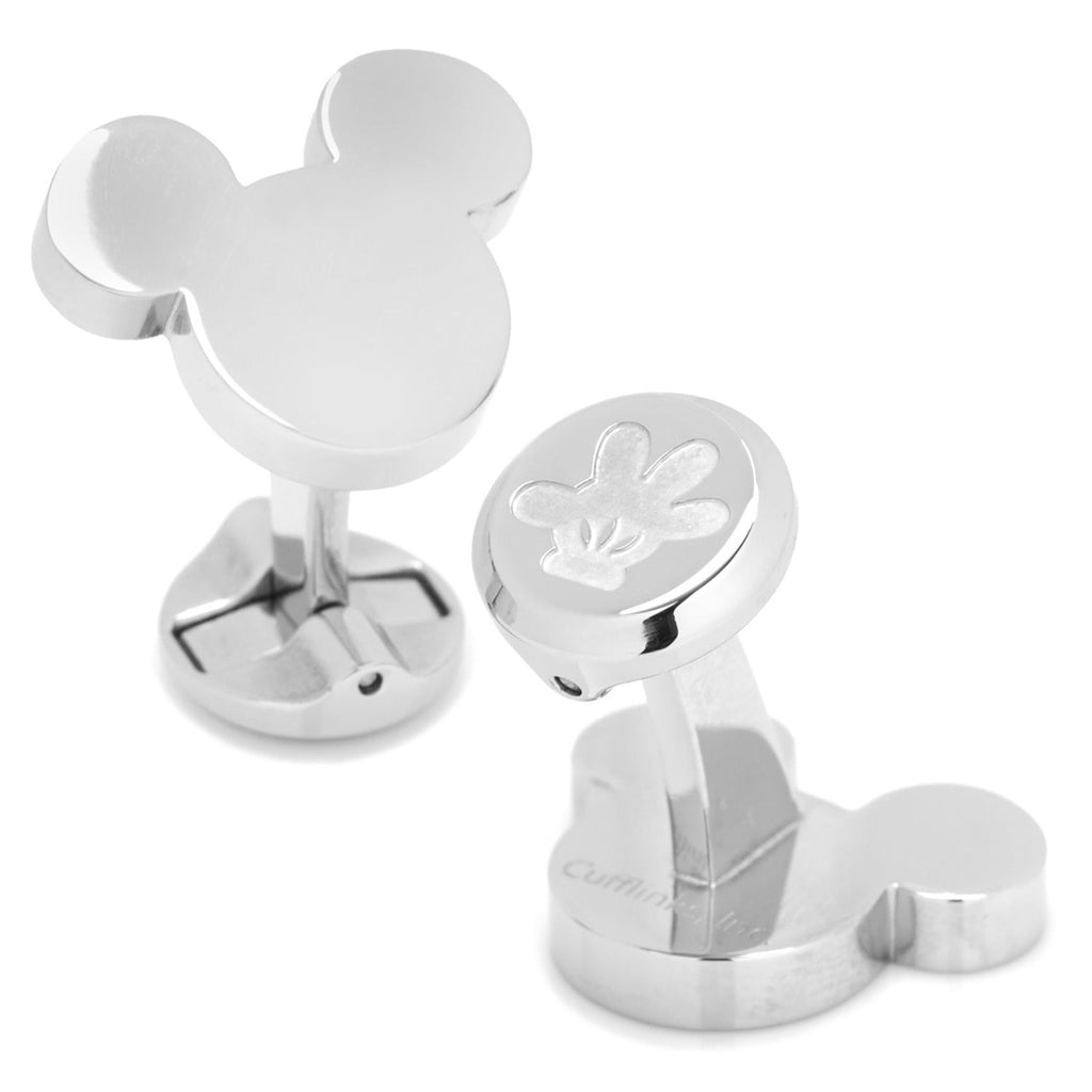 A pair of polished silver-tone stainless steel cufflinks featuring the classic Mickey Mouse silhouette