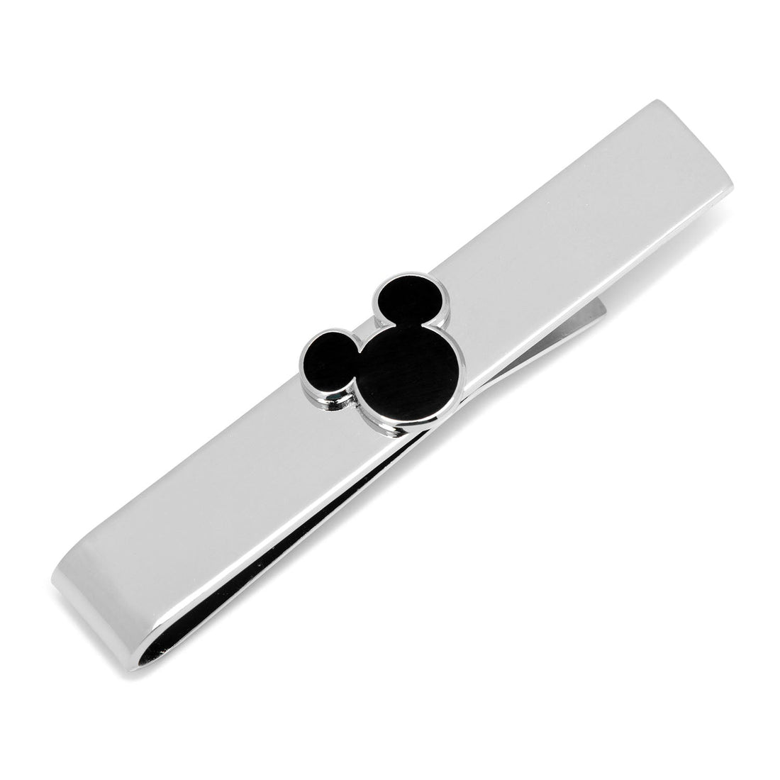 Silver tie bar featuring a black Mickey Mouse icon silhouette