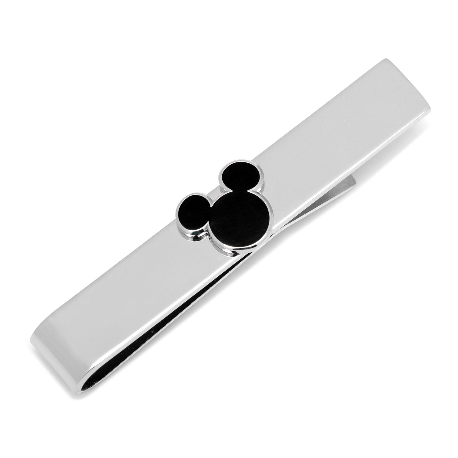 Silver tie bar featuring a black Mickey Mouse icon silhouette
