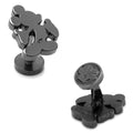 A pair of black metal Mickey Mouse silhouette cufflinks shown from the front and the back.