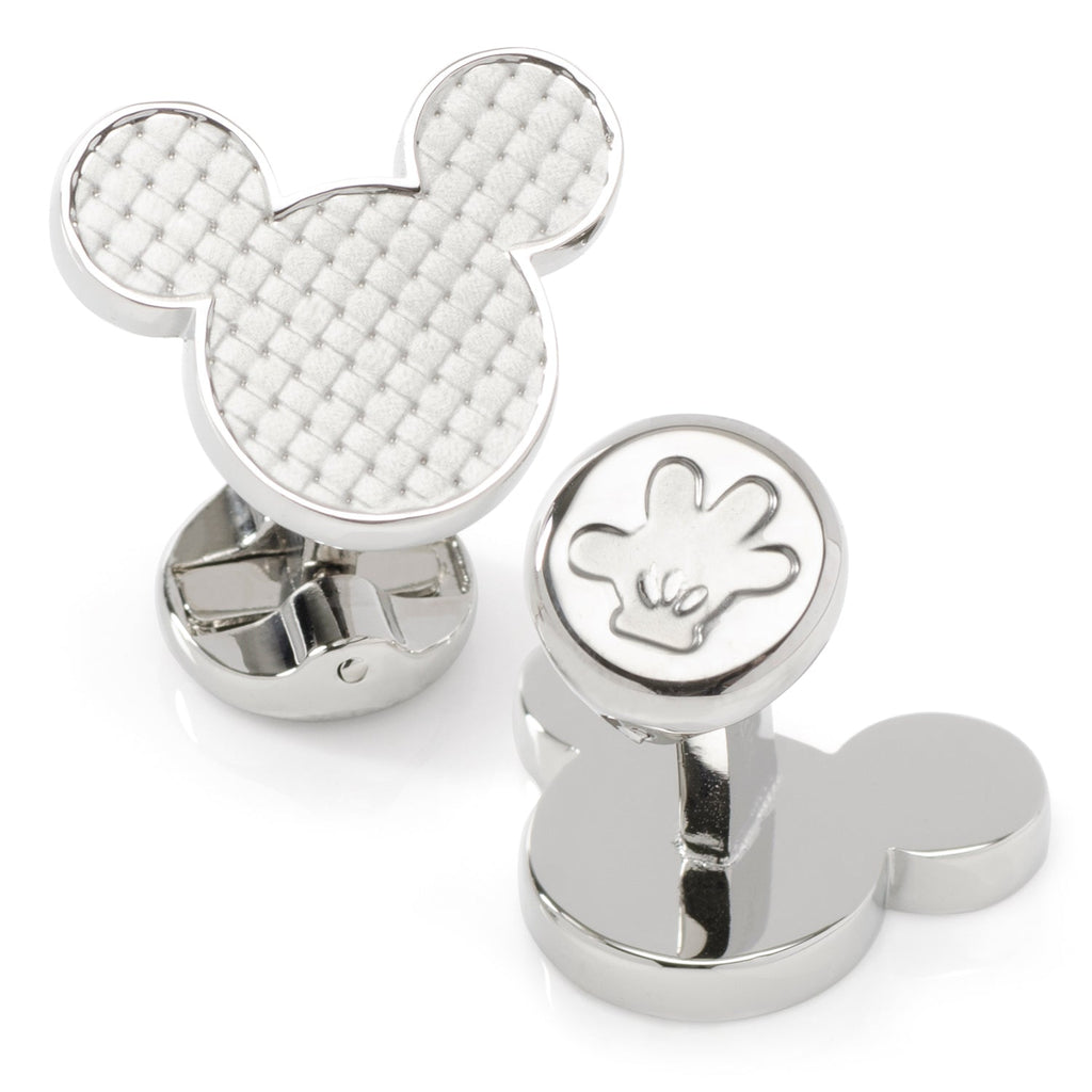 Silver Mickey Mouse head shaped cufflinks with a white basket weave textured center inlay.