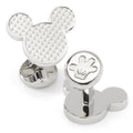 Silver Mickey Mouse head shaped cufflinks with a white basket weave textured center inlay.