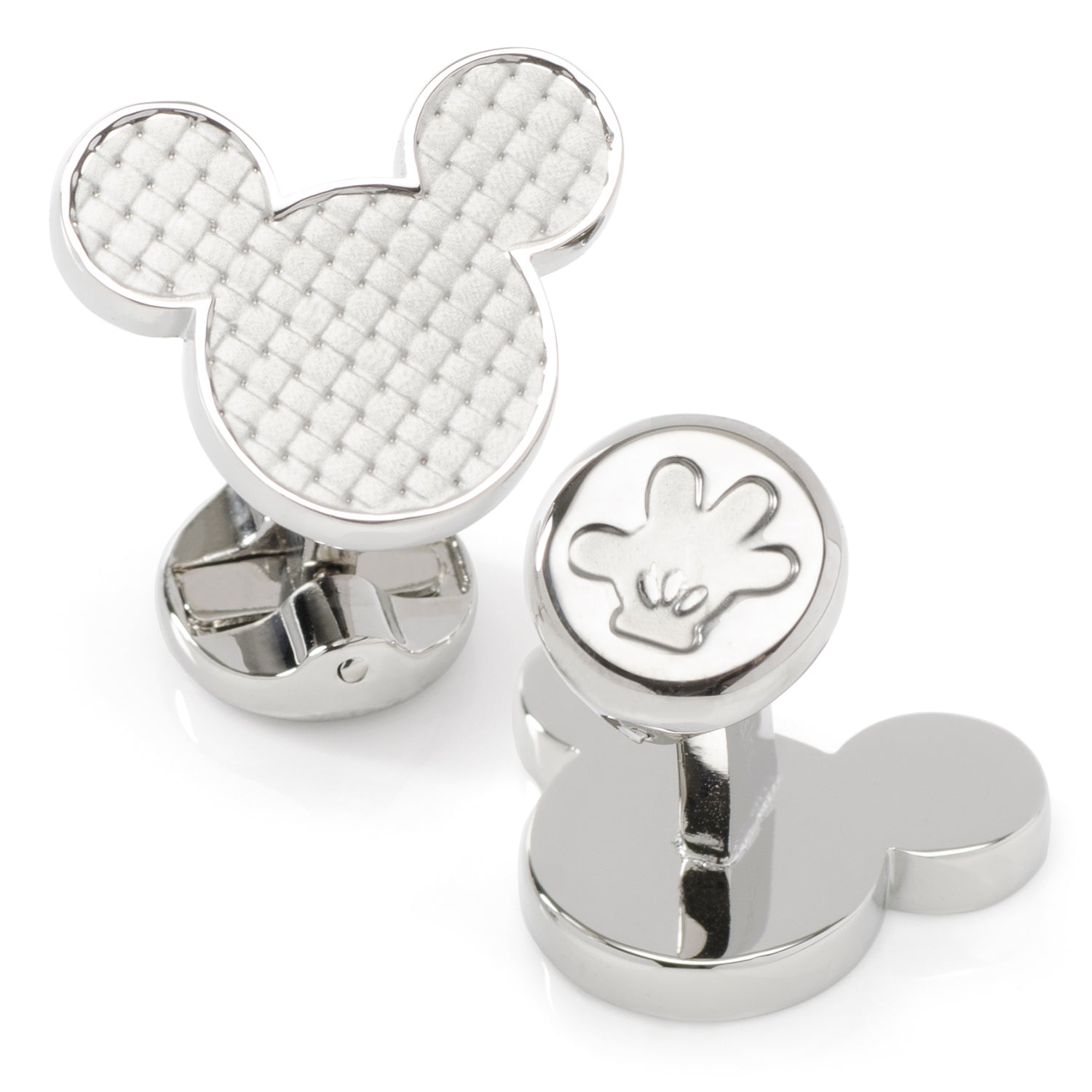 Silver Mickey Mouse head shaped cufflinks with a white basket weave textured center inlay.