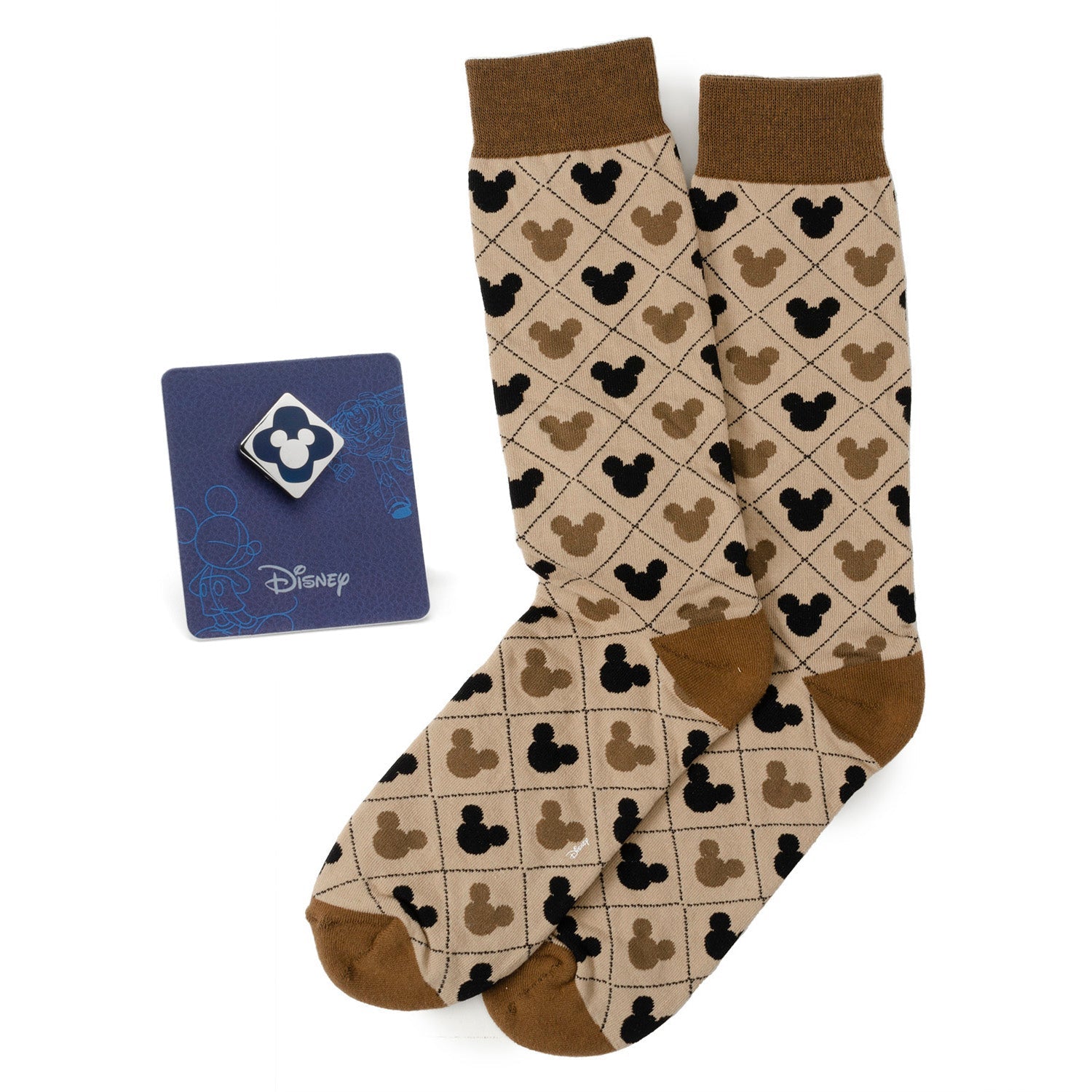 Tan crew socks with a Mickey Mouse argyle pattern and a square blue Mickey Mouse enamel lapel pin.