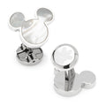 Close-up of Mickey Mouse shaped cufflinks with mother of pearl inlay and stainless steel backing
