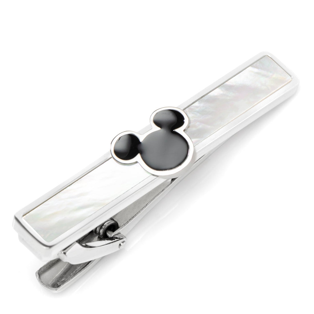 Disney Mickey Mouse tie clip featuring a black enamel Mickey icon on a mother of pearl inlay with a silver tone metal base.