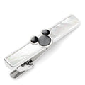 Disney Mickey Mouse tie clip featuring a black enamel Mickey icon on a mother of pearl inlay with a silver tone metal base.