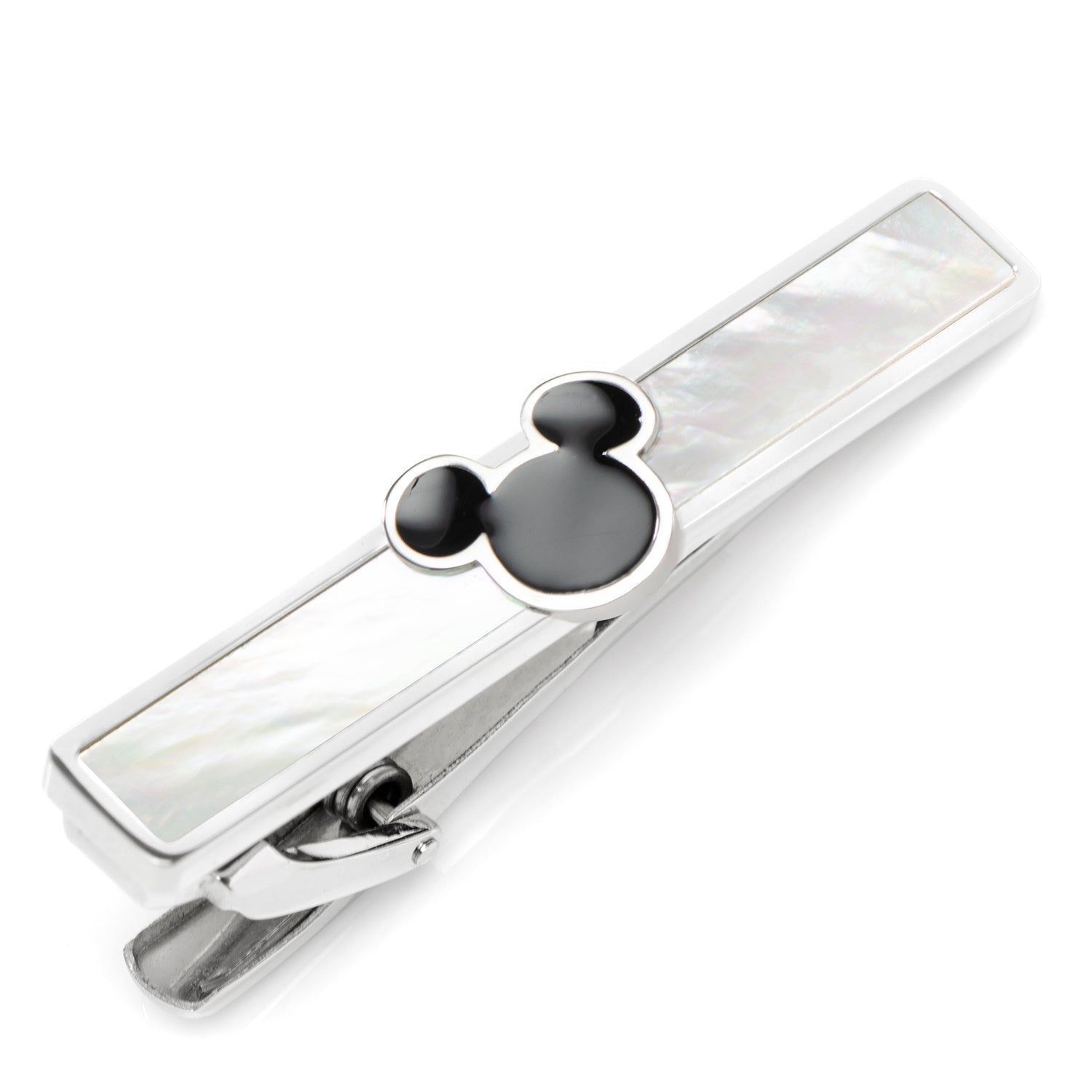 Disney Mickey Mouse tie clip featuring a black enamel Mickey icon on a mother of pearl inlay with a silver tone metal base.
