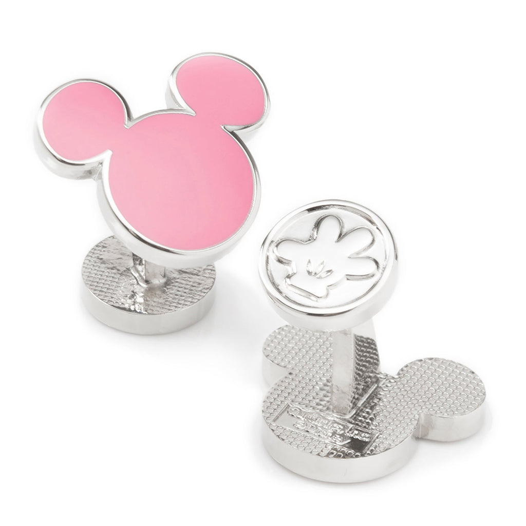 Disney Mickey Mouse silhouette cufflinks featuring pink enamel on silver-tone base metal with a glove detail on the backing.