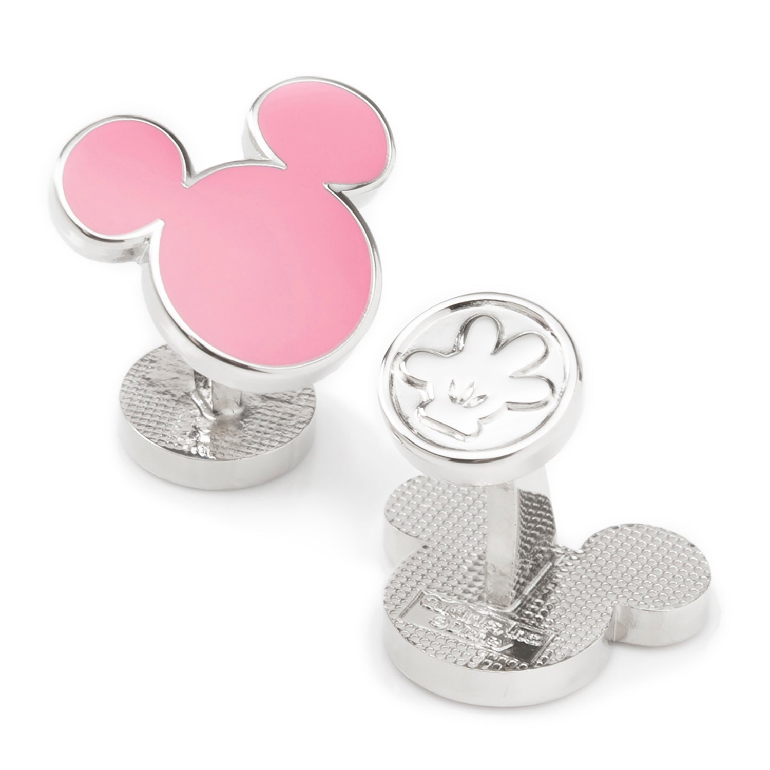 Disney Mickey Mouse silhouette cufflinks featuring pink enamel on silver-tone base metal with a glove detail on the backing.