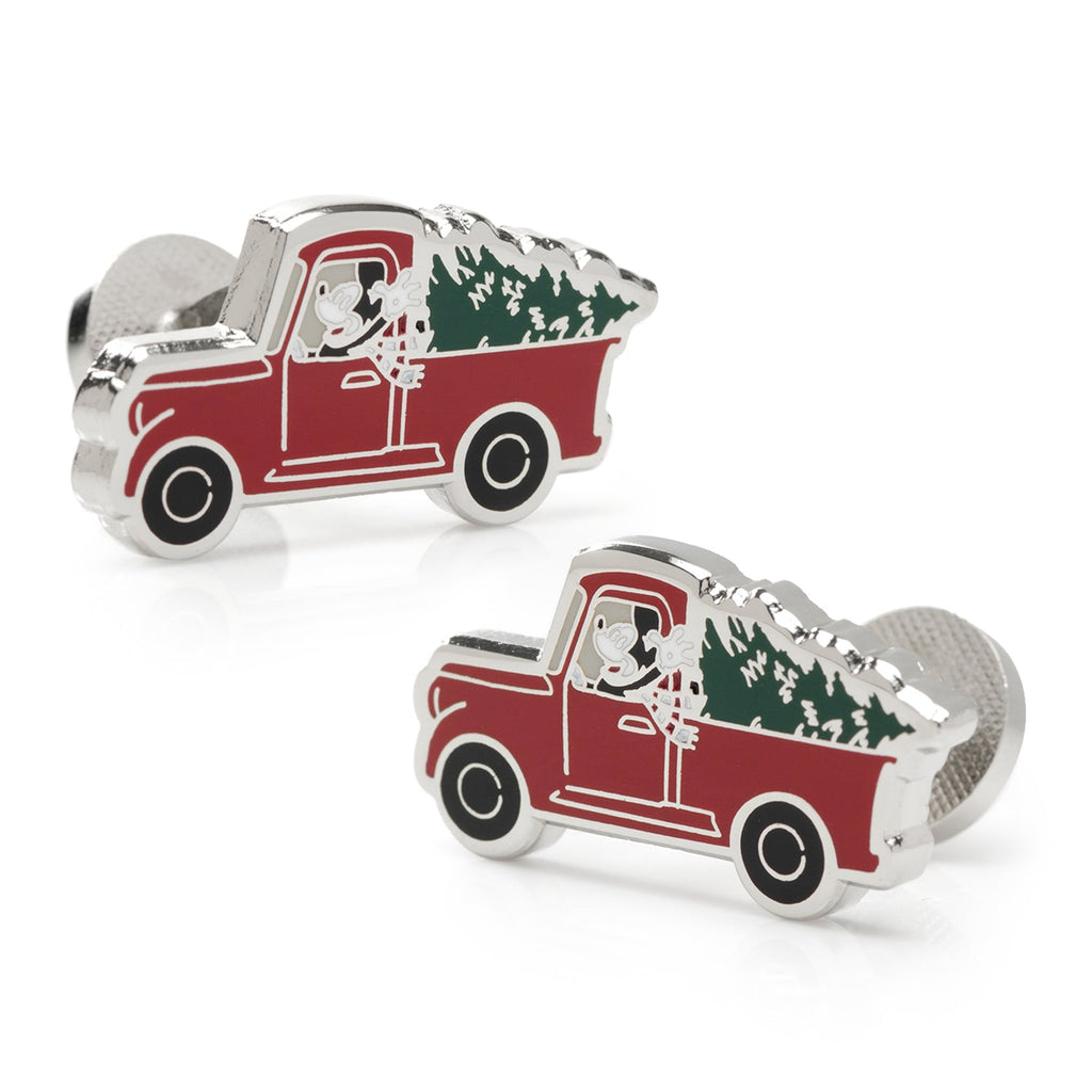 Disney Mickey Mouse holiday red truck cufflinks featuring a waving Mickey in a truck with a Christmas tree.