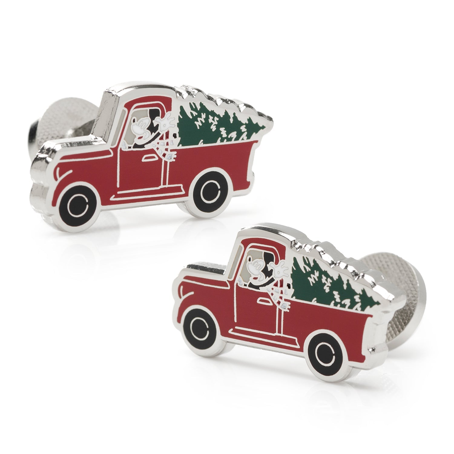 Disney Mickey Mouse holiday red truck cufflinks featuring a waving Mickey in a truck with a Christmas tree.